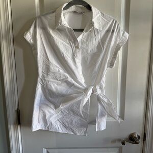 Zara | White Cap Sleeve Collared Button V Neck Side Tie Blouse Size L